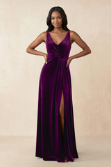 V - Neck Ruched A - Line Velvet Bridesmaid Dress in Amethyst - KISS BRIDAL Bridesmaid Dresses