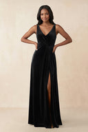 V - Neck Ruched A - Line Velvet Bridesmaid Dress in Black - KISS BRIDAL Bridesmaid Dresses