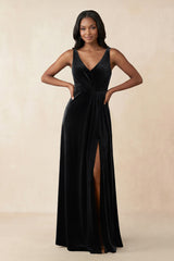 V - Neck Ruched A - Line Velvet Bridesmaid Dress in Black - KISS BRIDAL Bridesmaid Dresses