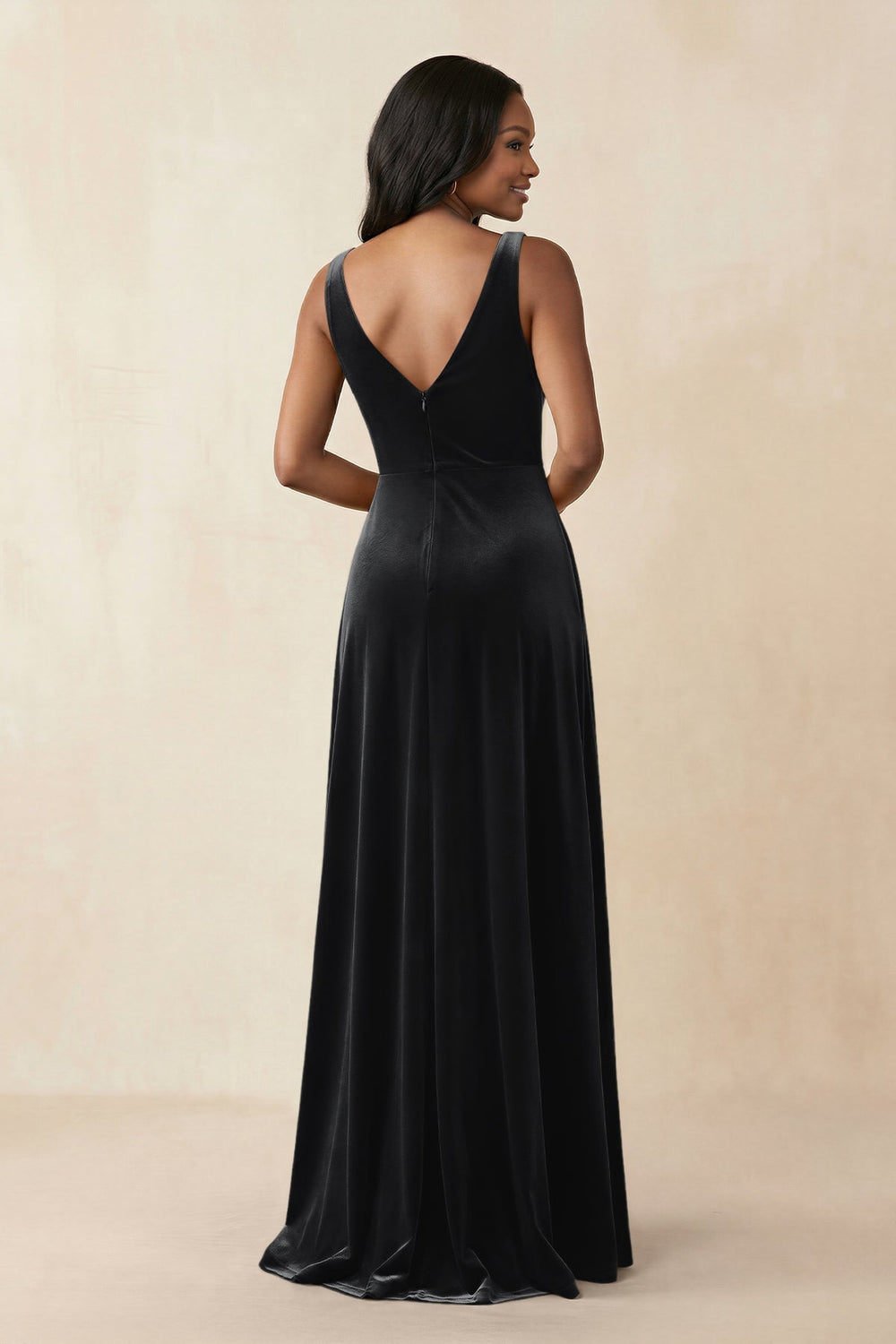 V - Neck Ruched A - Line Velvet Bridesmaid Dress in Black - KISS BRIDAL Bridesmaid Dresses