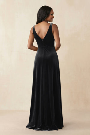 V - Neck Ruched A - Line Velvet Bridesmaid Dress in Black - KISS BRIDAL Bridesmaid Dresses