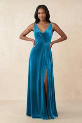 V - Neck Ruched A - Line Velvet Bridesmaid Dress in Blue Jay - KISS BRIDAL Bridesmaid Dresses