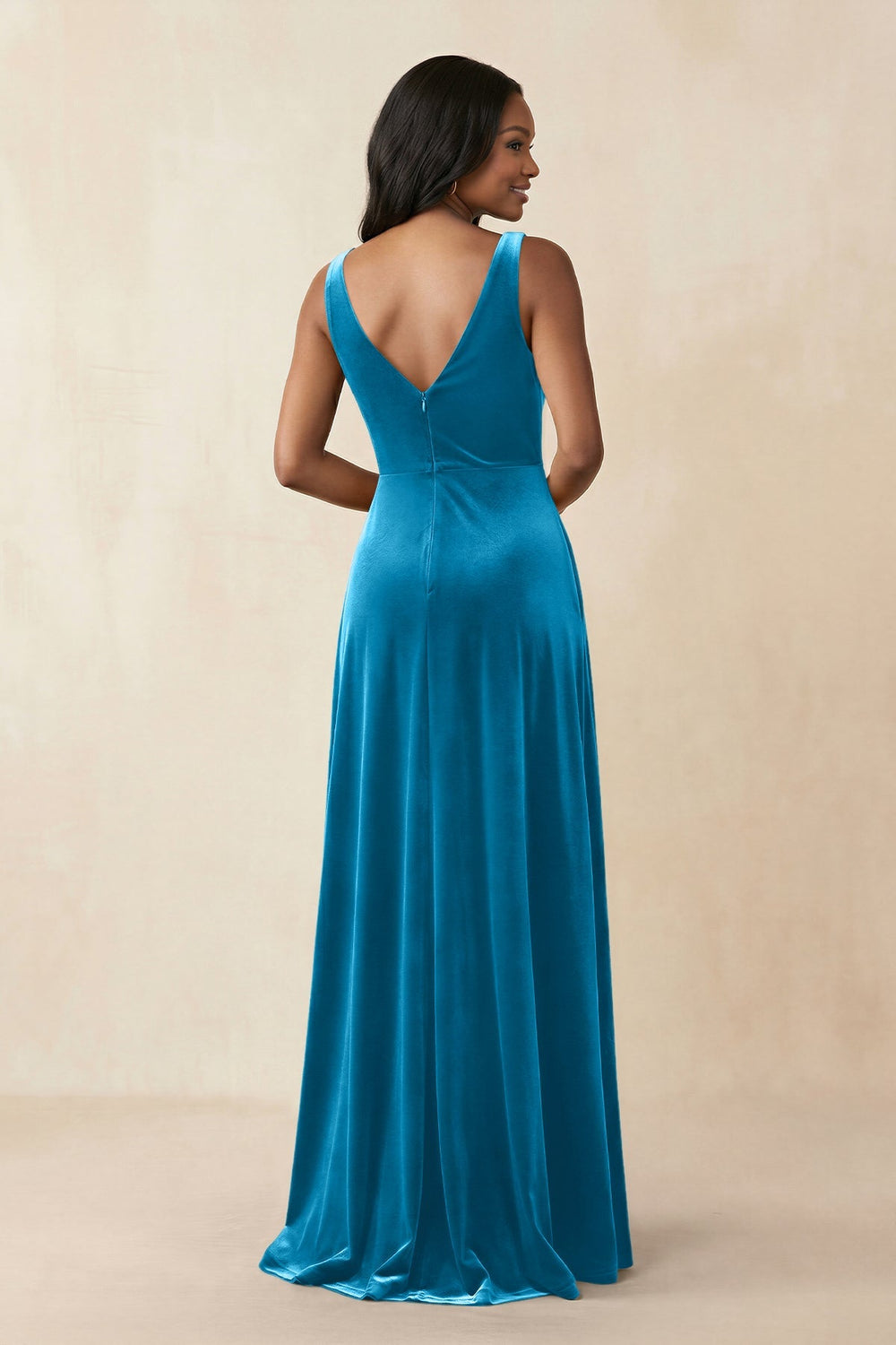 V - Neck Ruched A - Line Velvet Bridesmaid Dress in Blue Jay - KISS BRIDAL Bridesmaid Dresses