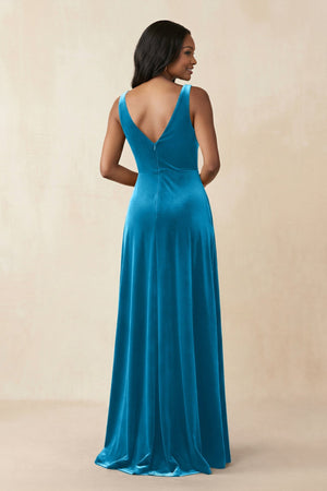 V - Neck Ruched A - Line Velvet Bridesmaid Dress in Blue Jay - KISS BRIDAL Bridesmaid Dresses