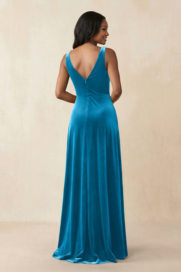 V - Neck Ruched A - Line Velvet Bridesmaid Dress in Blue Jay - KISS BRIDAL Bridesmaid Dresses