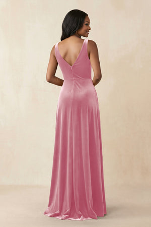 V - Neck Ruched A - Line Velvet Bridesmaid Dress in Blush Pink - KISS BRIDAL Bridesmaid Dresses