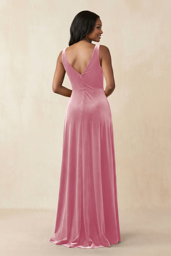 V - Neck Ruched A - Line Velvet Bridesmaid Dress in Blush Pink - KISS BRIDAL Bridesmaid Dresses