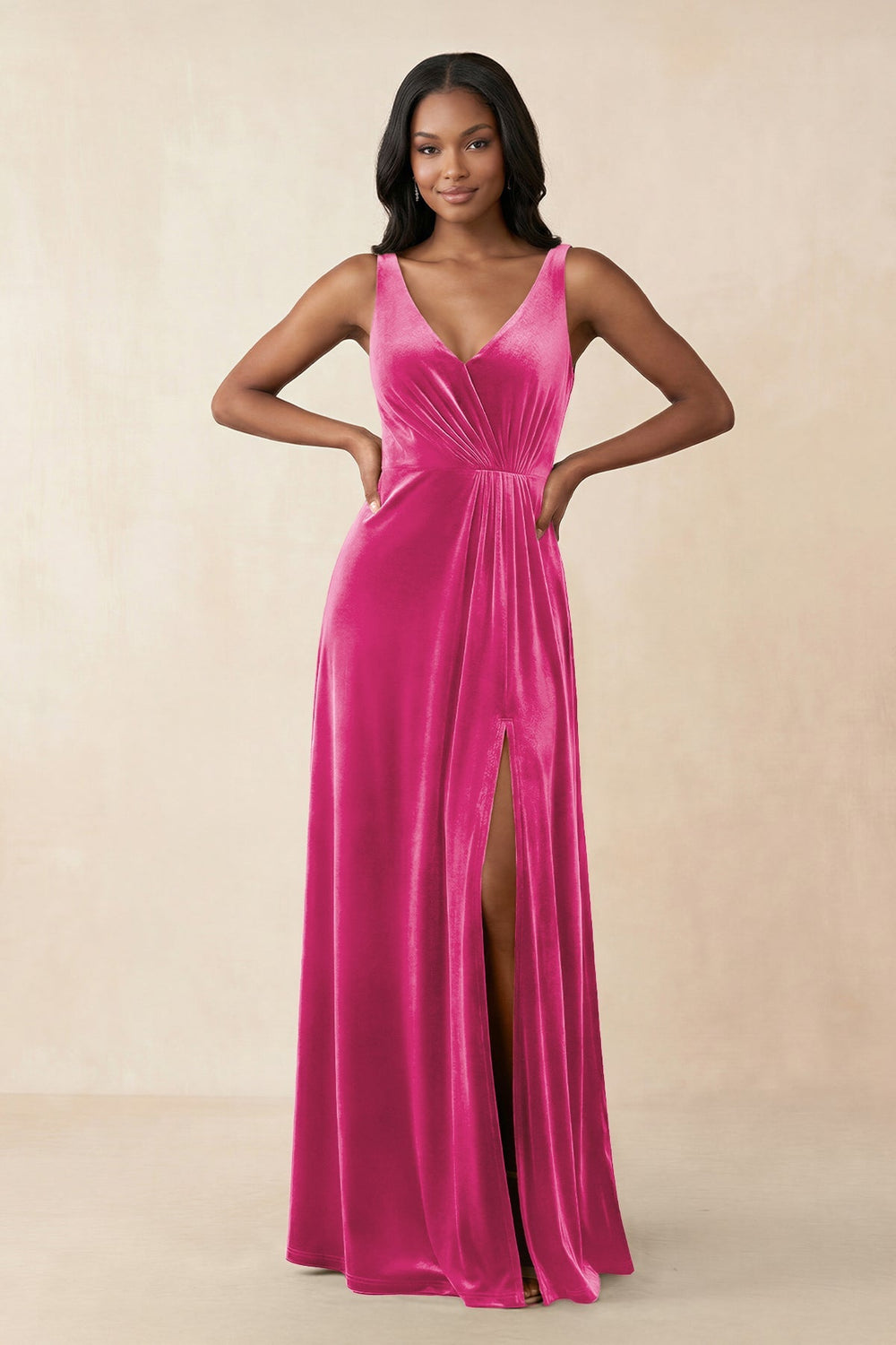 V - Neck Ruched A - Line Velvet Bridesmaid Dress in Bon Bon Pink - KISS BRIDAL Bridesmaid Dresses