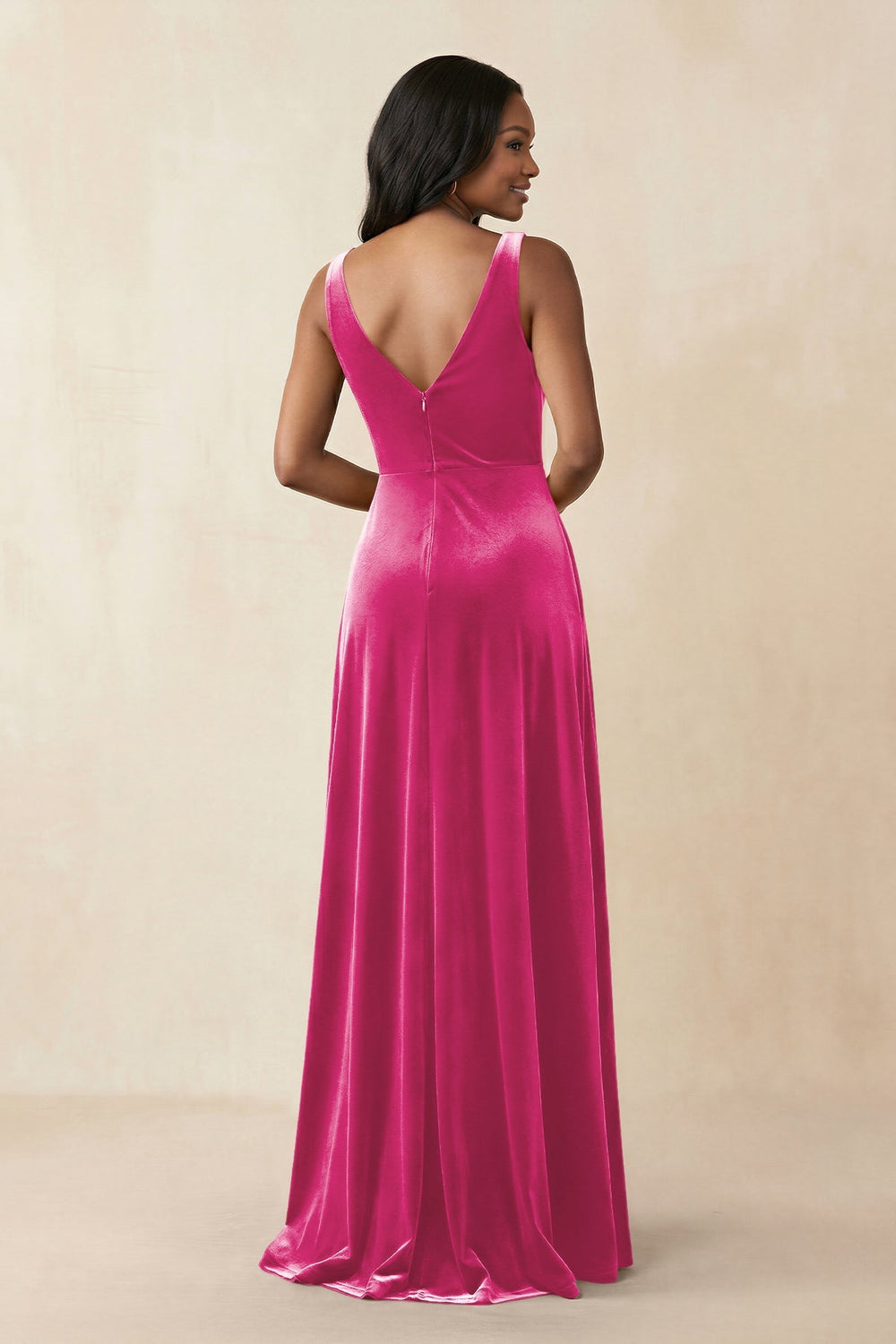 V - Neck Ruched A - Line Velvet Bridesmaid Dress in Bon Bon Pink - KISS BRIDAL Bridesmaid Dresses