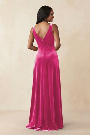V - Neck Ruched A - Line Velvet Bridesmaid Dress in Bon Bon Pink - KISS BRIDAL Bridesmaid Dresses