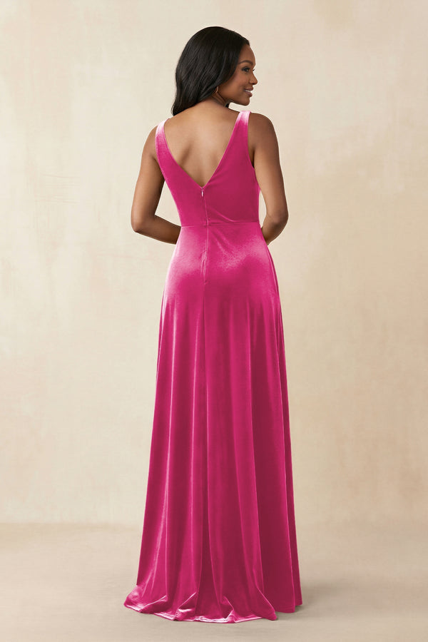 V - Neck Ruched A - Line Velvet Bridesmaid Dress in Bon Bon Pink - KISS BRIDAL Bridesmaid Dresses