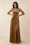 V - Neck Ruched A - Line Velvet Bridesmaid Dress in Bronzer - KISS BRIDAL Bridesmaid Dresses
