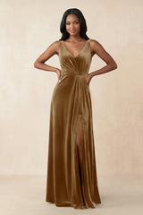 V - Neck Ruched A - Line Velvet Bridesmaid Dress in Bronzer - KISS BRIDAL Bridesmaid Dresses