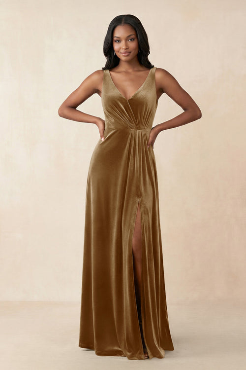 V - Neck Ruched A - Line Velvet Bridesmaid Dress in Bronzer - KISS BRIDAL Bridesmaid Dresses