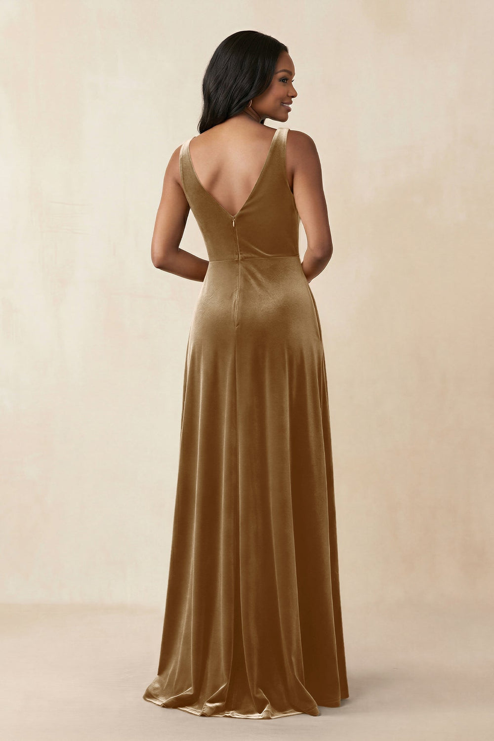 V - Neck Ruched A - Line Velvet Bridesmaid Dress in Bronzer - KISS BRIDAL Bridesmaid Dresses