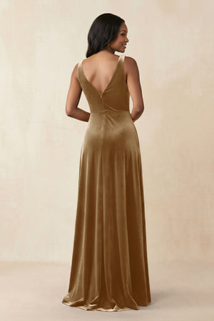 V - Neck Ruched A - Line Velvet Bridesmaid Dress in Bronzer - KISS BRIDAL Bridesmaid Dresses