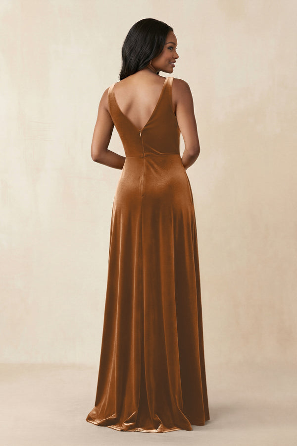 V - Neck Ruched A - Line Velvet Bridesmaid Dress in Brown - KISS BRIDAL Bridesmaid Dresses