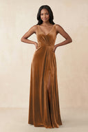 V - Neck Ruched A - Line Velvet Bridesmaid Dress in Brown - KISS BRIDAL Bridesmaid Dresses