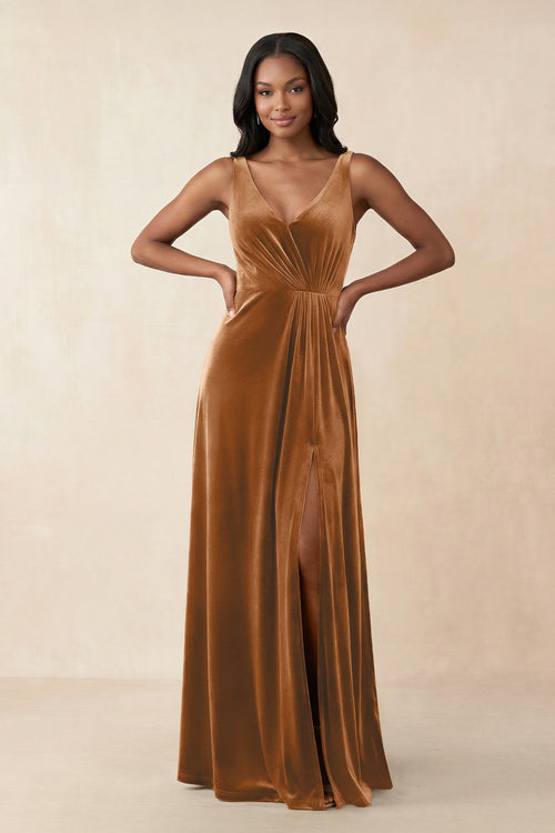 V - Neck Ruched A - Line Velvet Bridesmaid Dress in Brown - KISS BRIDAL Bridesmaid Dresses