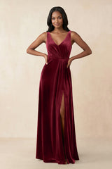 V - Neck Ruched A - Line Velvet Bridesmaid Dress in Burgundy - KISS BRIDAL Bridesmaid Dresses