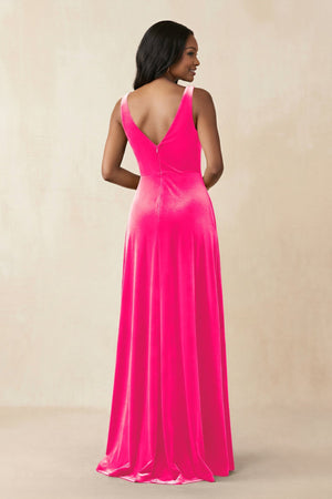 V - Neck Ruched A - Line Velvet Bridesmaid Dress in Candy Pink - KISS BRIDAL Bridesmaid Dresses