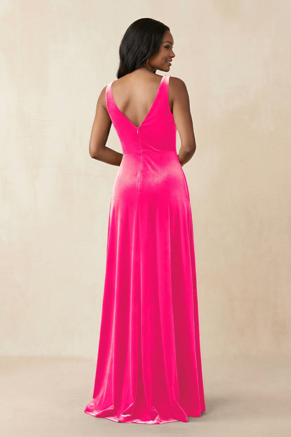 V - Neck Ruched A - Line Velvet Bridesmaid Dress in Candy Pink - KISS BRIDAL Bridesmaid Dresses