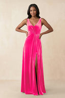 V - Neck Ruched A - Line Velvet Bridesmaid Dress in Candy Pink - KISS BRIDAL Bridesmaid Dresses