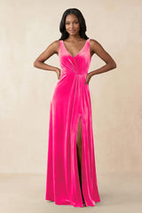 V - Neck Ruched A - Line Velvet Bridesmaid Dress in Candy Pink - KISS BRIDAL Bridesmaid Dresses