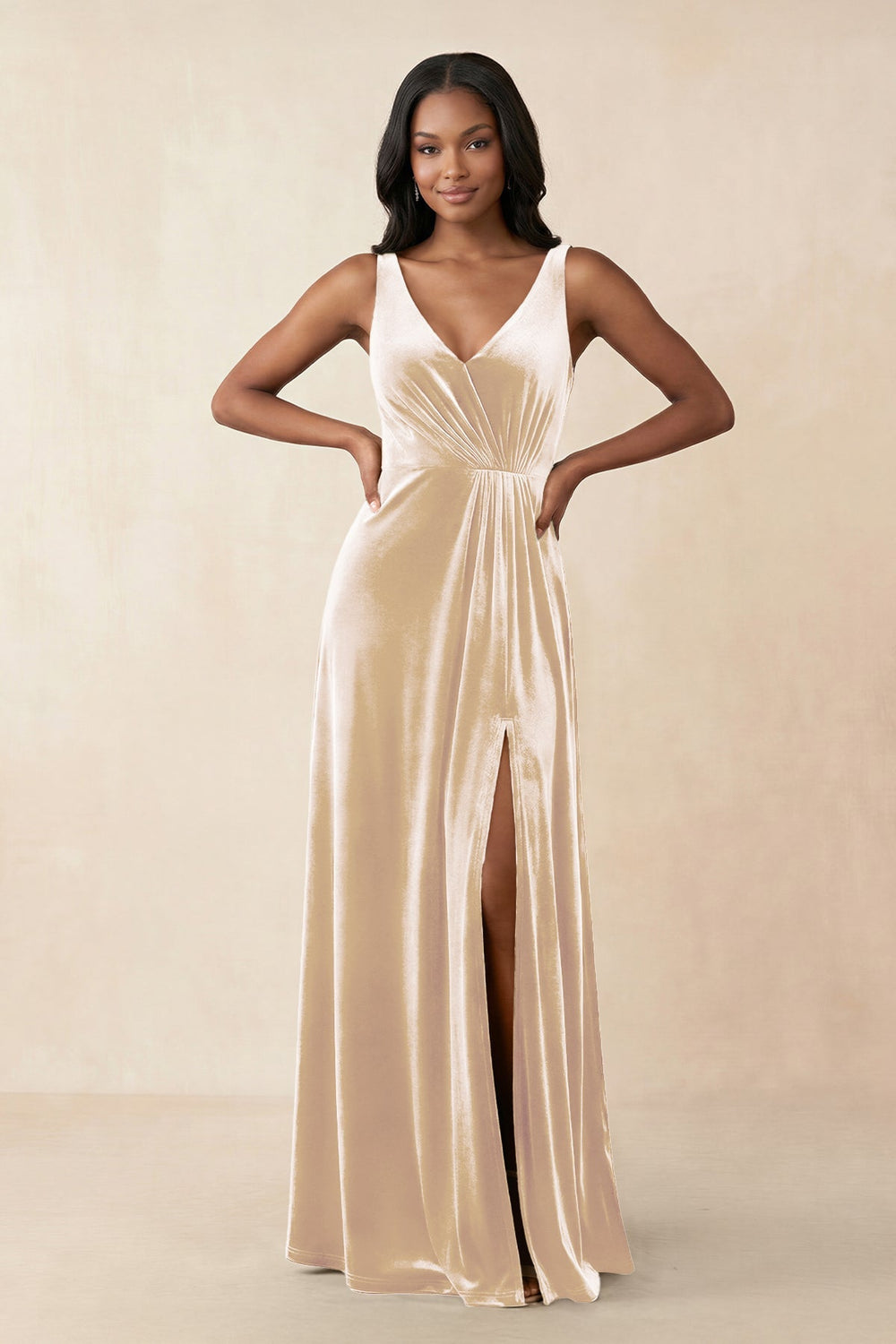 V - Neck Ruched A - Line Velvet Bridesmaid Dress in Champagne - KISS BRIDAL Bridesmaid Dresses
