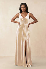 V - Neck Ruched A - Line Velvet Bridesmaid Dress in Champagne - KISS BRIDAL Bridesmaid Dresses