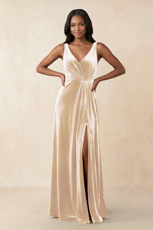 V - Neck Ruched A - Line Velvet Bridesmaid Dress in Champagne - KISS BRIDAL Bridesmaid Dresses