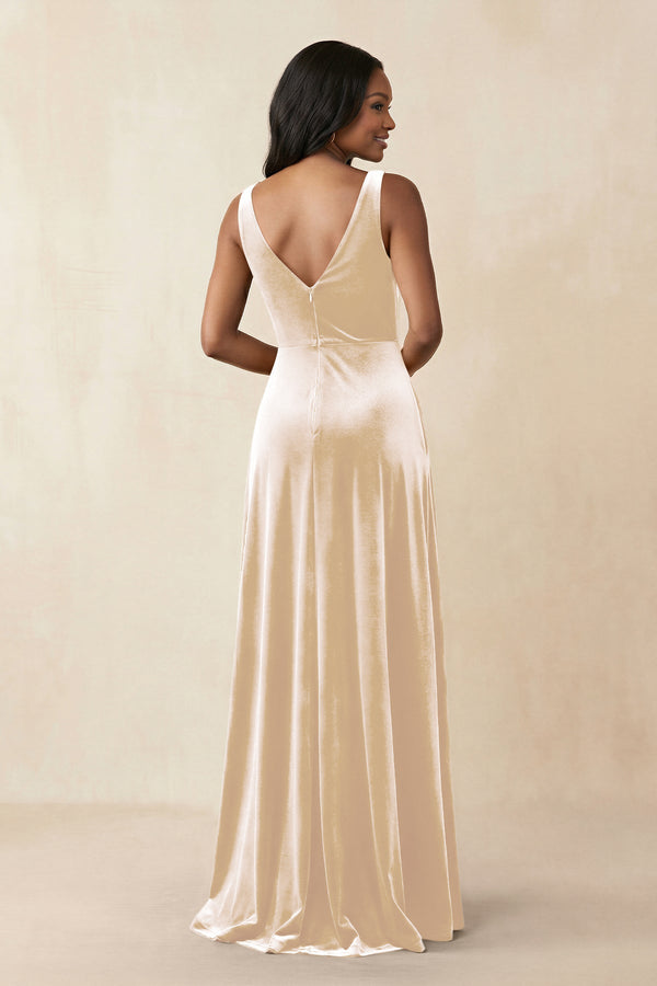 V - Neck Ruched A - Line Velvet Bridesmaid Dress in Champagne - KISS BRIDAL Bridesmaid Dresses