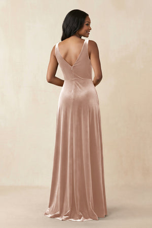 V - Neck Ruched A - Line Velvet Bridesmaid Dress in Champagne Rose - KISS BRIDAL Bridesmaid Dresses