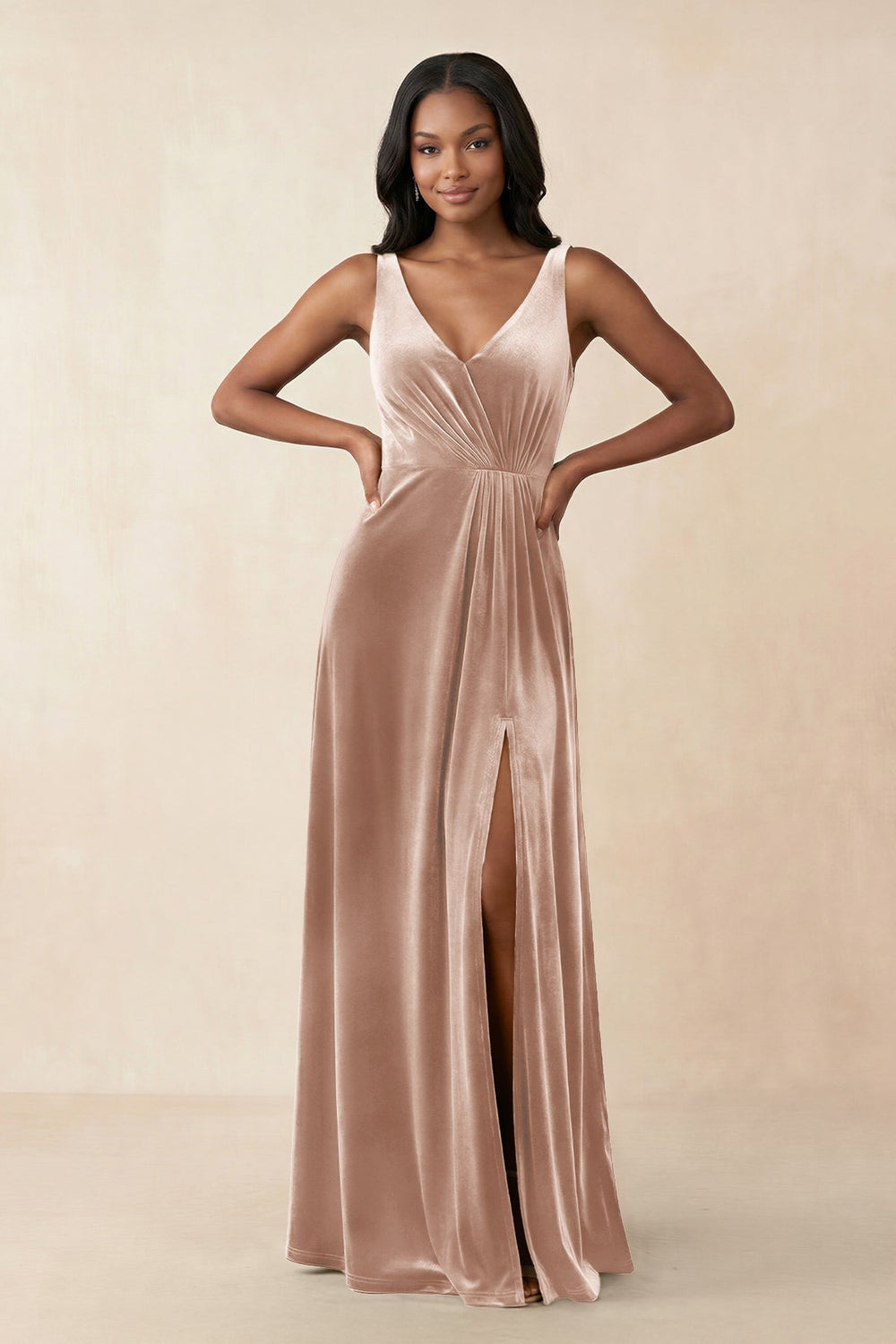 V - Neck Ruched A - Line Velvet Bridesmaid Dress in Champagne Rose - KISS BRIDAL Bridesmaid Dresses