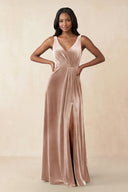 V - Neck Ruched A - Line Velvet Bridesmaid Dress in Champagne Rose - KISS BRIDAL Bridesmaid Dresses