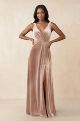 V - Neck Ruched A - Line Velvet Bridesmaid Dress in Champagne Rose - KISS BRIDAL Bridesmaid Dresses