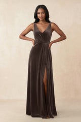 V - Neck Ruched A - Line Velvet Bridesmaid Dress in Chocolate - KISS BRIDAL Bridesmaid Dresses