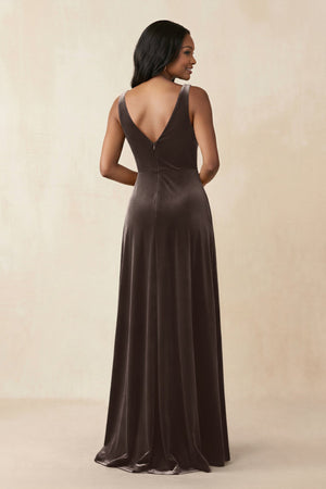 V - Neck Ruched A - Line Velvet Bridesmaid Dress in Chocolate - KISS BRIDAL Bridesmaid Dresses