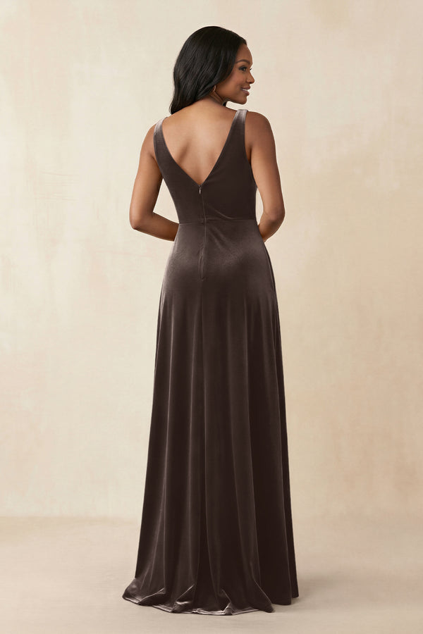 V - Neck Ruched A - Line Velvet Bridesmaid Dress in Chocolate - KISS BRIDAL Bridesmaid Dresses