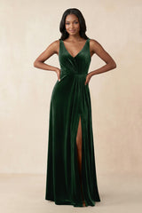 V - Neck Ruched A - Line Velvet Bridesmaid Dress in Dark Green - KISS BRIDAL Bridesmaid Dresses