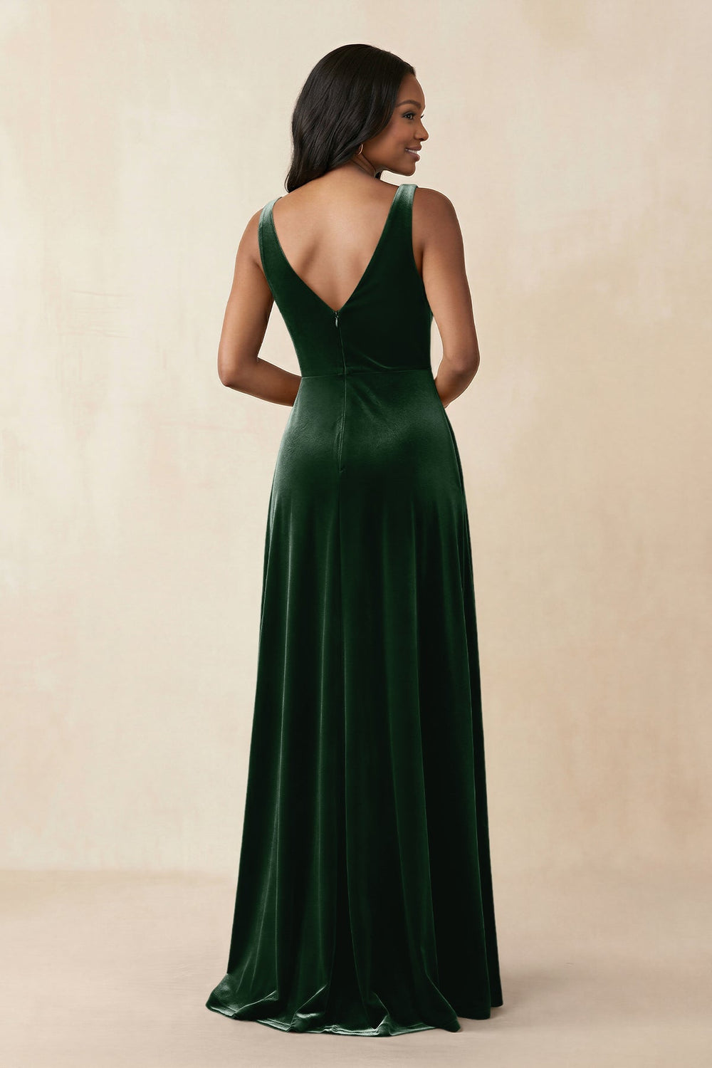V - Neck Ruched A - Line Velvet Bridesmaid Dress in Dark Green - KISS BRIDAL Bridesmaid Dresses