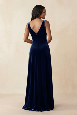 V - Neck Ruched A - Line Velvet Bridesmaid Dress in Dark Navy - KISS BRIDAL Bridesmaid Dresses