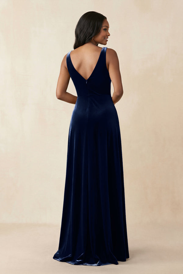V - Neck Ruched A - Line Velvet Bridesmaid Dress in Dark Navy - KISS BRIDAL Bridesmaid Dresses