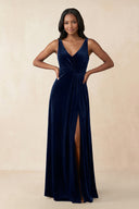 V - Neck Ruched A - Line Velvet Bridesmaid Dress in Dark Navy - KISS BRIDAL Bridesmaid Dresses