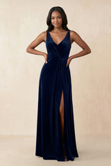 V - Neck Ruched A - Line Velvet Bridesmaid Dress in Dark Navy - KISS BRIDAL Bridesmaid Dresses