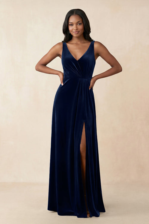 V - Neck Ruched A - Line Velvet Bridesmaid Dress in Dark Navy - KISS BRIDAL Bridesmaid Dresses