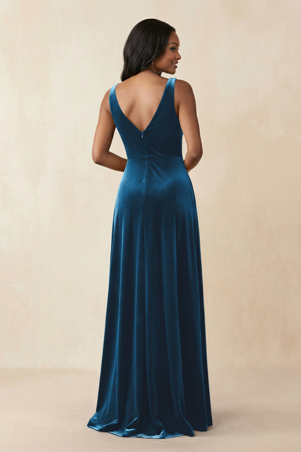 V - Neck Ruched A - Line Velvet Bridesmaid Dress in Dark Teal - KISS BRIDAL Bridesmaid Dresses