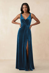 V - Neck Ruched A - Line Velvet Bridesmaid Dress in Dark Teal - KISS BRIDAL Bridesmaid Dresses