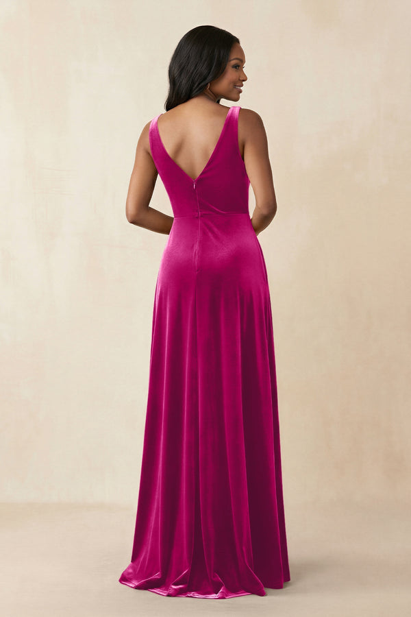 V - Neck Ruched A - Line Velvet Bridesmaid Dress in Desert Rose - KISS BRIDAL Bridesmaid Dresses