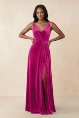 V - Neck Ruched A - Line Velvet Bridesmaid Dress in Desert Rose - KISS BRIDAL Bridesmaid Dresses